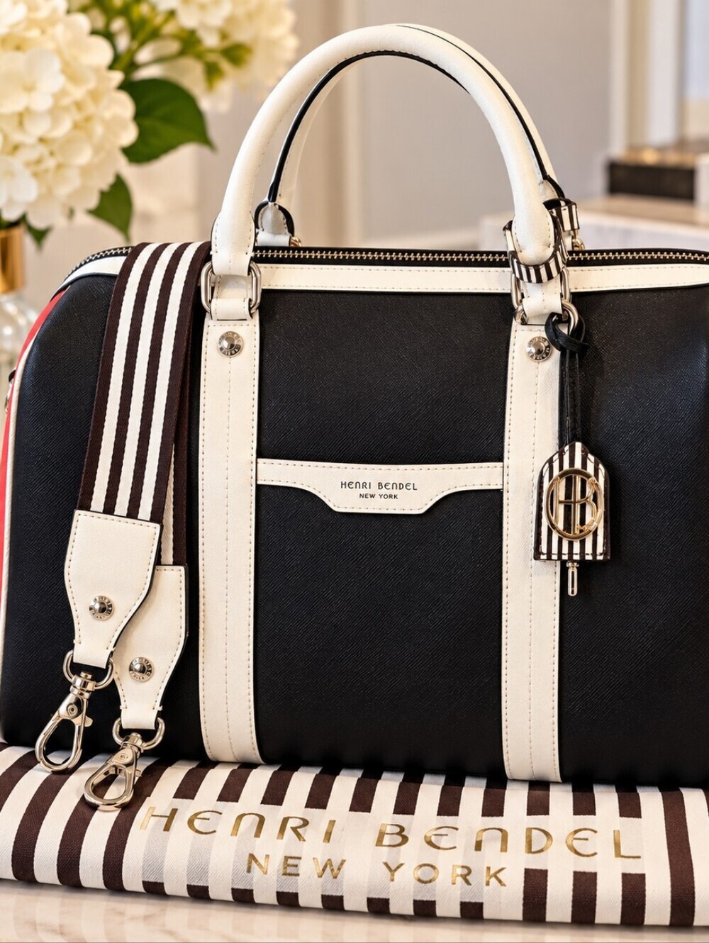 Henri Bendel Convertible Weekender Satchel Colorblock, Striped Strap, Lock & Key